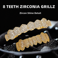 Grillz dentaire KIVORA en laiton à 8 dents micro-incrustées de zircon, accessoires de costume Hip Hop Halloween