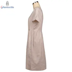 New Fashion Skin-Friendly Khaki/White Short Sleeve Maxi Casual Yarn-Dyed Long Dress For Women