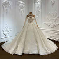 Gaun Pengantin Wanita LSCJ07 Model Ball Gown Modern dengan Kerah Tinggi, Punggung Terbuka, Aksen Glitter, Renda, Kristal, dan Bunga, Lengan Panjang