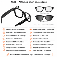 Lunettes Intelligentes IA ME03 avec Caméra 13MP IMX219, Boîtier de Charge 2000mAh, Stabilisation EIS, Batterie 270mAh, Stock Usine OEM, Vente en Gros