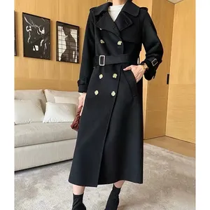 Long epaulet double breasted modest luxury 100% wool trench coat women for sample with belt