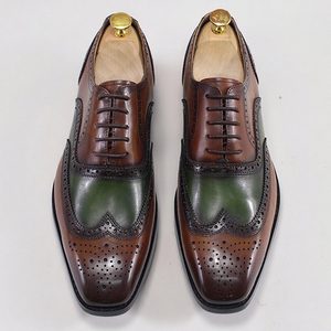 Chaussures Oxford en cuir véritable pour hommes, style business formel, marron-vert, perforées, bout carré - Product Image 3