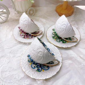 British Afternoon <b>Tea</b> <b>Cups</b> of 6 Embossed Ceramic <b>Cup</b> and Saucer <b>Set</b> Retro Coffee <b>Cup</b> <b>Set</b> - Product Image 6