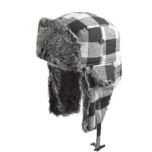 Custom Winter Warme Plaid Russische Faux Fur Aviator Oorkleppen Hoed