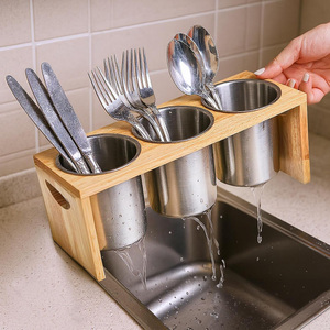 Portaposate in Acciaio Inox con Base in Legno, Organizzatore per Cucchiai, Coltelli e Forchette - Product Image 3