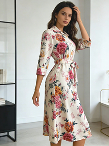 レディース 花柄プリント シャツワンピース ボタンフロント カジュアル ナチュラル ミディドレス 春夏 デイリーウェア ファッション 花柄ドレス - Product Image 3