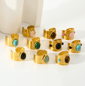 Anillo de apertura de piedra natural de cristal verde de acero inoxidable, anillo chapado en oro de 18 quilates, anillo bohemio para mujeres y hombres - Product Image 2