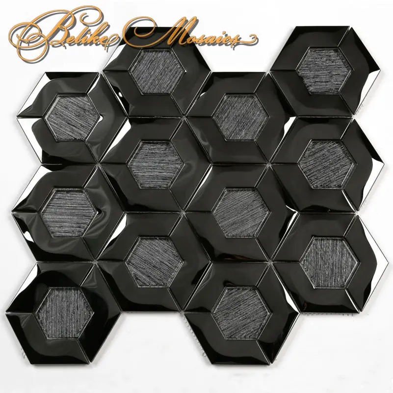 Hexagon Roestvrij Staal Mozaïek 3d Luxe Black Metal Tegel Huid Boom Textuur Glas Home Decor Grand Design Weelderige Moderne