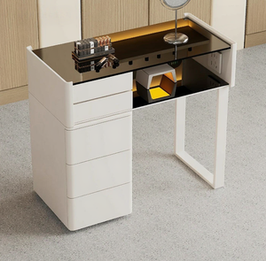 Cream Style Manicure Table Nail Salon <b>Desk</b> with Chairs, Modern Nail Tech Workstation Set for <b>Beauty</b> Spa - Product Image 2