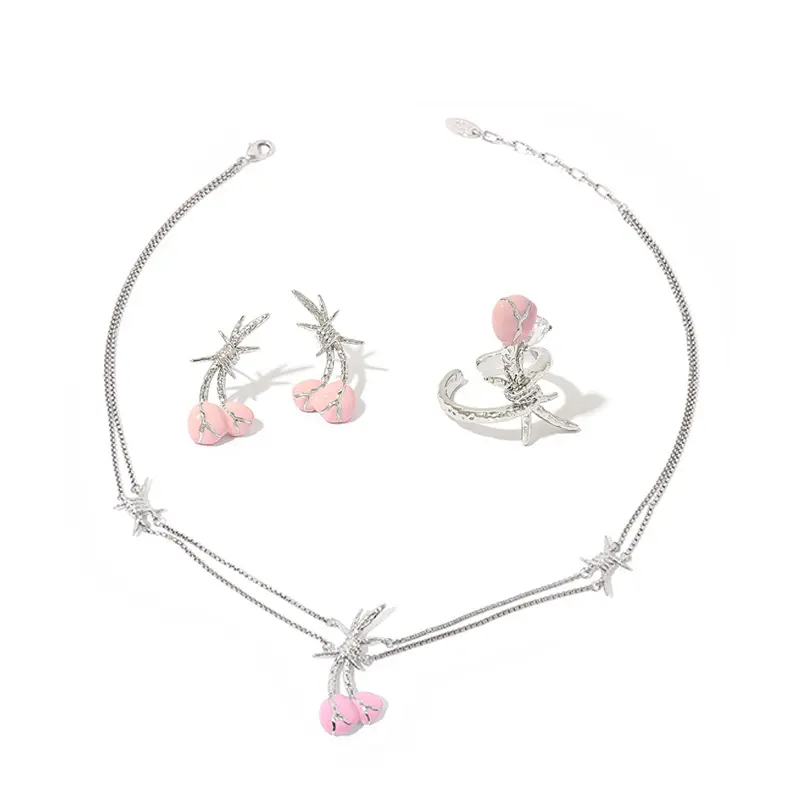 Silver Jewelry Set Pink Enamel Flower Necklace Thorn Earring Ring Tulip Design Snake Chain Women's Jewelry Suit