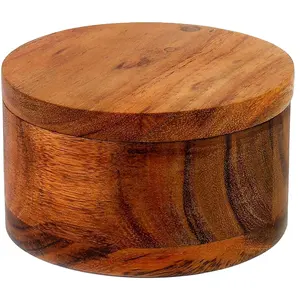 बबूल की लकड़ी नमक मसाला बॉक्स कुंडा कवर क्लासिक डिजाइन सुविधाजनक भंडारण टेबल नमक स्वादिष्ट नमक जड़ी बूटी पसंदीदा मसाला