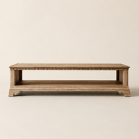 Table basse rectangulaire en bois massif artisanale et fiable, avec motif dentelé et plateau ouvert, pour salon