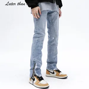 Streetwear Jeans Pants Men Zipper Hem Slim Fitted Blue Denim Pants For Men Spray Printed Denim Jean Pants Pantalones Masculinos