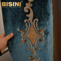 Magnifique rideau occultant de style rococo italien, bleu floqué, pour fenêtre française, décoré de broderies, rideau à tringle romaine