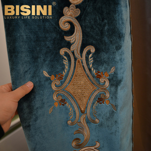 Magnifique rideau occultant de style rococo italien, bleu floqué, pour fenêtre française, décoré de broderies, rideau à tringle romaine - Product Image 3