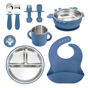 ชุดอาหารเด็กและเด็กเล็ก 8 ชิ้น ทำจากสแตนเลส 304 พร้อมจานแบ่งช่อง ชาม ผ้ากันเปื้อนแบบมีกระเป๋า ไม่แตกหัก ปลอดภัยสำหรับเครื่องล้างจาน - Product Image 1