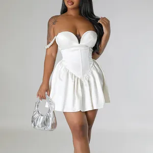 Custom White Sweetheart neckline Sleeveless Pearl Strap Clothing A line Dresses Satin Sexy Evening Dress