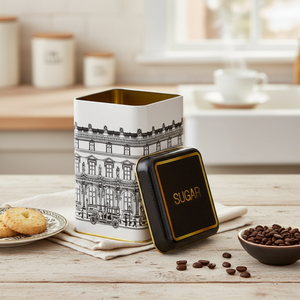 1.6L Vintage Cityscapes Illustration Square Metal Tin 105 x 105 x 160 mm Food <b>Storage</b> <b>Container</b> - Product Image 3