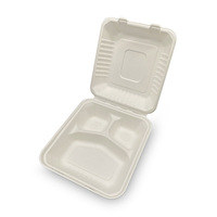 Boîte à lunch jetable biodégradable de 9 pouces à 3 compartiments Emballage de bagasse de conception carrée pour conteneur à clapet alimentaire de restaurant