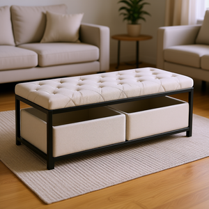 Otomana de Lino Beige con Botones y Almacenamiento, Estructura Metálica, Taburete para Sala de Estar o Dormitorio, Mueble para el Hogar, Diseño Moderno - Product Image 2