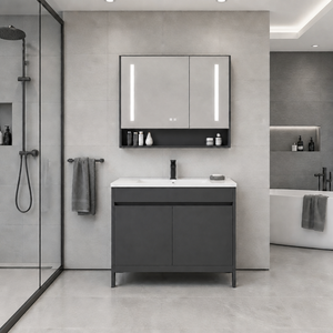 Mueble de Baño Moderno de Aluminio Gris con Lavabo de Cerámica, Mueble de Pie Impermeable para Apartamento, <span class=keywords><strong>Encimera</strong></span> para Baño - Product Image 1