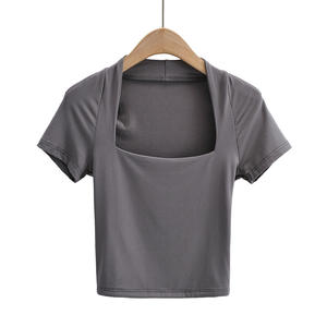 Top court à col <span class=keywords><strong>carré</strong></span> et <span class=keywords><strong>coupe</strong></span> ajustée de style américain INS, manches courtes, couleur unie, pour femmes, été 2023, mélange de rayonne et de coton, tendance - Product Image 3