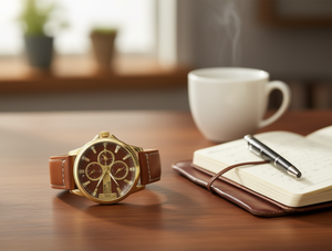 Orologio da uomo analogico al quarzo con cronografo, cinturino in pelle, cassa rotonda, colori misti oro giallo - Product Image 2