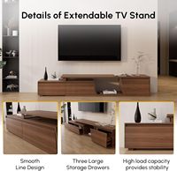 Support TV extensible en noyer, console TV pour le salon, centre de divertissement rectangulaire minimaliste avec 3 tiroirs