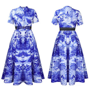 <span class=keywords><strong>Abito</strong></span> <span class=keywords><strong>Estivo</strong></span> Casual a Mezza Lunghezza Stile Europeo-Americano per Donne, Maniche Corte, Stampa Digitale Floreale, Linea ad A, Taglie Forti con Cintura - Product Image 4