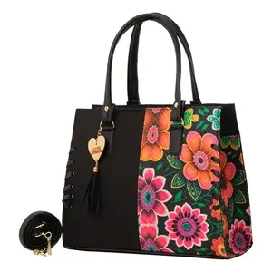 Bolso de Mano de Yute Negro para Mujer, Marca Fana Star, Tamaño Mediano, con Estampado Floral, para Uso Diario y Compras - Product Image 1