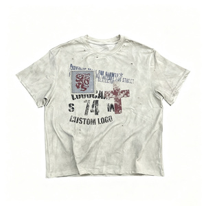 T-shirt da uomo vintage lavata con fori, stampa grafica <span class=keywords><strong>a</strong></span> croce e leone, oversize <span class=keywords><strong>a</strong></span> maniche corte, top retrò grunge streetwear effetto destroyed - Product Image 1