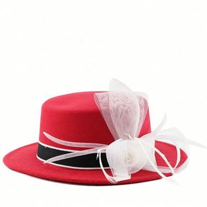 Flat Top Boater Fedora <b>Hat</b> <b>for</b> Women Silk Screen Printed Lace Ribbon Flower Elegant Church Party Promotional Use - Product Image 2