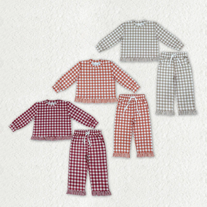 Conjuntos de 2 piezas de pantalones y blusas a cuadros de manga larga para niñas, conjuntos con dobladillo con volantes - Product Image 2