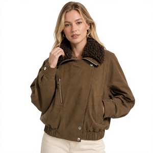 Women's Brown PU <b>Suede</b> Bomber <b>Jacket</b> With Faux Fur Collar Zipper Closure Autumn Windproof Outwear women <b>Leather</b> <b>jacket</b> - Product Image 1