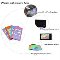 Sacs d'emballage holographiques plastique mylar pochettes plates refermables fermeture éclair laser avec logo personnalisé