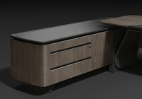 Bureau de direction moderne incurvé, finition grain de bois et noir, avec support métallique et tiroir verrouillable, mobilier de bureau