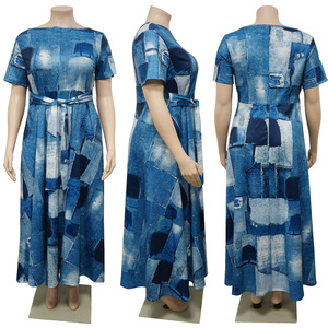 Abbigliamento da donna 2024 estivo elegante abito lungo con motivo geometrico stampato a maniche corte - Product Image 2