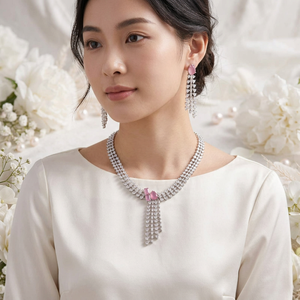 ชุดสร้อยคอทองเหลืองชุบโรเดียมประดับเพชรคิวบิกเซอร์โคเนียสีชมพู ชุดเครื่องประดับเพชร CZ แบบพู่ห้อยสำหรับเจ้าสาว สำหรับผู้หญิง - Product Image 1