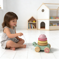 Tortuga de madera Mano Push Pull Cart Cuerda Juguete Rompecabezas para niños Torre de apilamiento Push Pull Toy