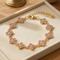 Gelang Baja Tahan Karat 316L Berbentuk Daun Semanggi Empat dengan Zirkon Berlapis Emas Liontin Bunga Keberuntungan Perhiasan untuk Wanita Grosir
