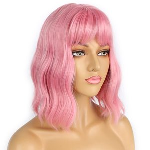 <span class=keywords><strong>Perruque</strong></span> Bob mi-longue rose pastel à lacets entièrement noués, avec frange, ondulée lâche, en fibre haute température, pour <span class=keywords><strong>femme</strong></span>, parfaite pour le cosplay et les costumes. - Product Image 4
