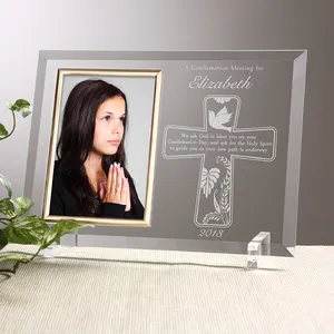 Laser Etched Glass Communion Picture Frame For Religious Gift Customized Crystal Photo Frame Favors