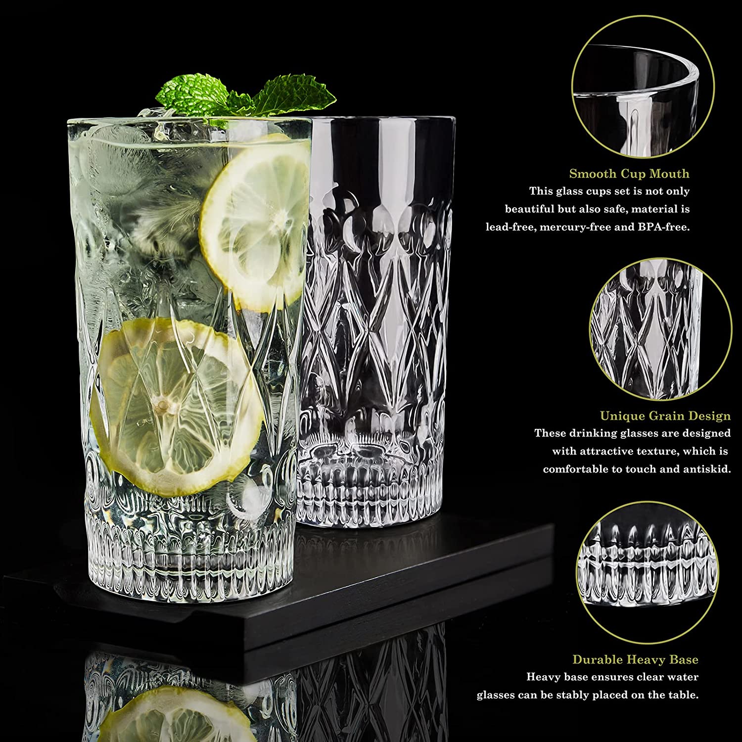 Drinking Glasses Water Glass Crystal Highball Clear Tall Heavy Base Glassware 11.8OZ