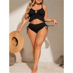 Ensemble de bikini personnalisé pour femmes grandes tailles, haut court à volants, maillot de bain deux pièces taille haute, encolure halter, Spandex Polyester - Product Image 5