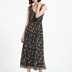 Vestido longo elegante floral chiffon personalizado com decote em V profundo por atacado