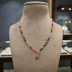 Sstringz Multicolor Crystal Beaded Y <b>Necklace</b> with <b>Pink</b> Cord Accent, Green Drop Charm and Handmade Boho Fashion Jewelry - Product Image 4
