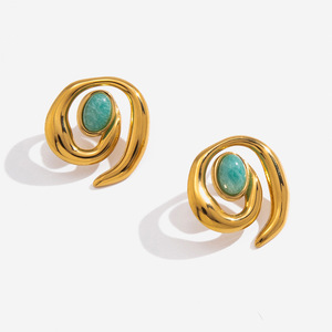 Geometric <b>Stud</b> <b>Earrings</b> With <b>Turquoise</b> Inlay Gold Tone Stainless Steel Party Jewelry - Product Image 1