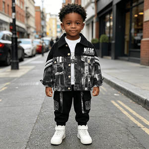 Veste en jean à imprimé graffiti pour garçons, t-shirt à manches longues à col rond uni, pantalon de jogging avec patch lettres, <span class=keywords><strong>tenue</strong></span> décontractée streetwear <span class=keywords><strong>hip</strong></span>-<span class=keywords><strong>hop</strong></span> - Product Image 5