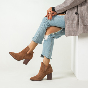 Bottines à bout pointu, talon épais, en daim, à enfiler, tendance mode automne, bottes pour femmes - Product Image 1