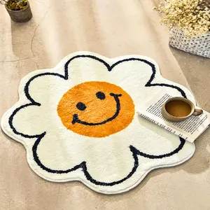 Tapete de porta personalizado super macio e fofo, tapete fofo de flores com sorriso, formato irregular, tapete absorvente bonito para decoração de casa